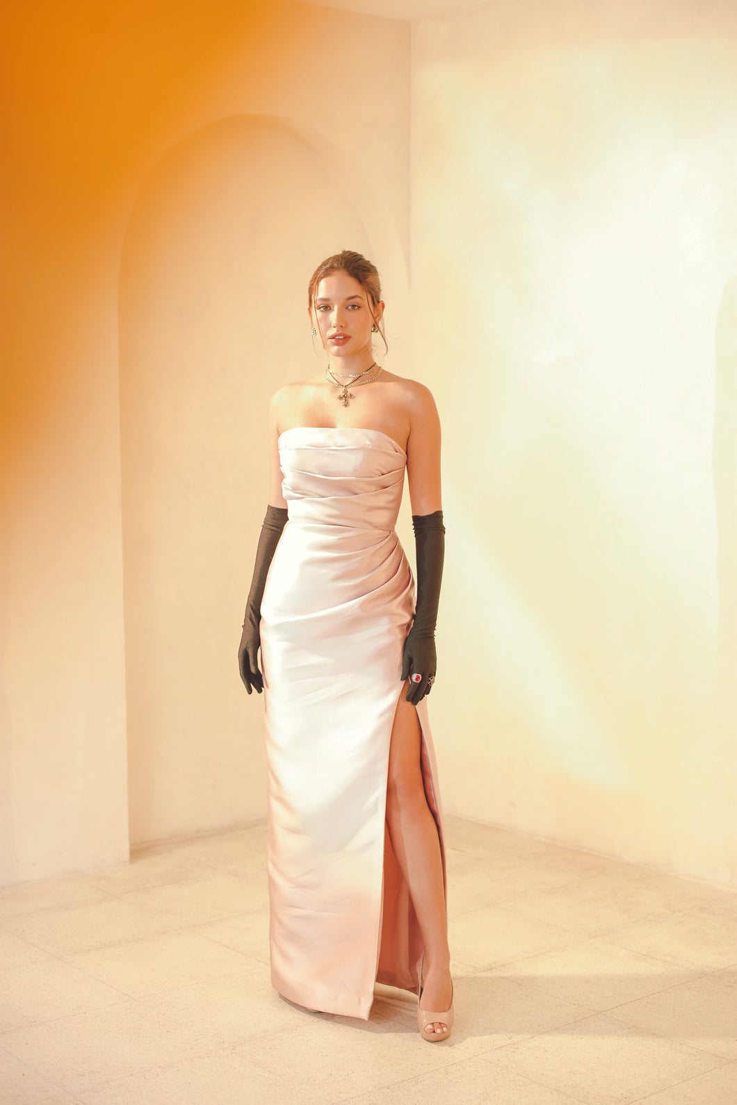 Asymmetrical Pleated High Slit Gown